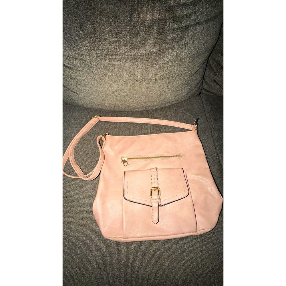 Pink Faux Leather Shoulder Bag Zip Top Buckle Front Pocket Adjustable Strap